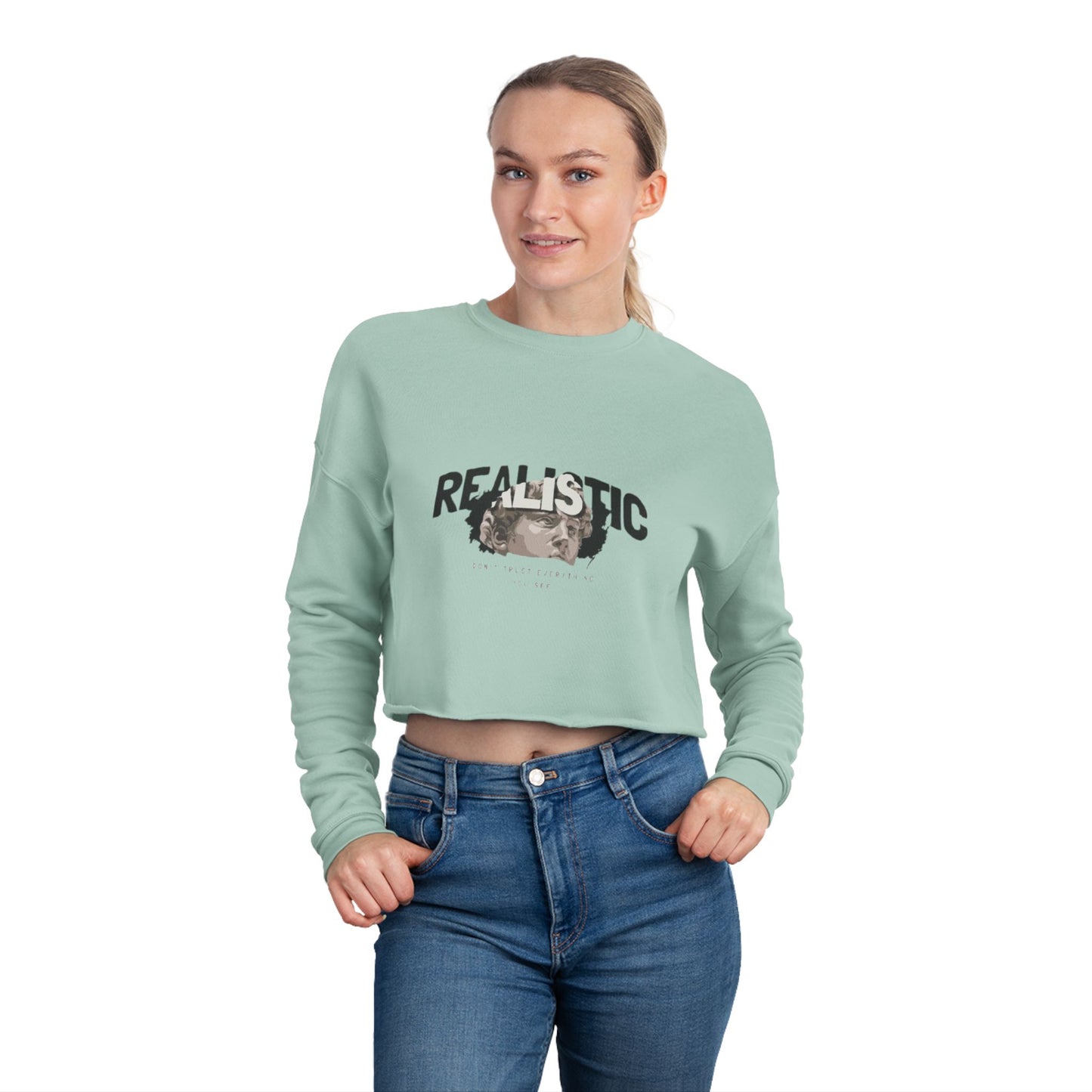 Realistic Graphic Women’s Cropped Sweatshirt - Trendy Mint Green Apparel