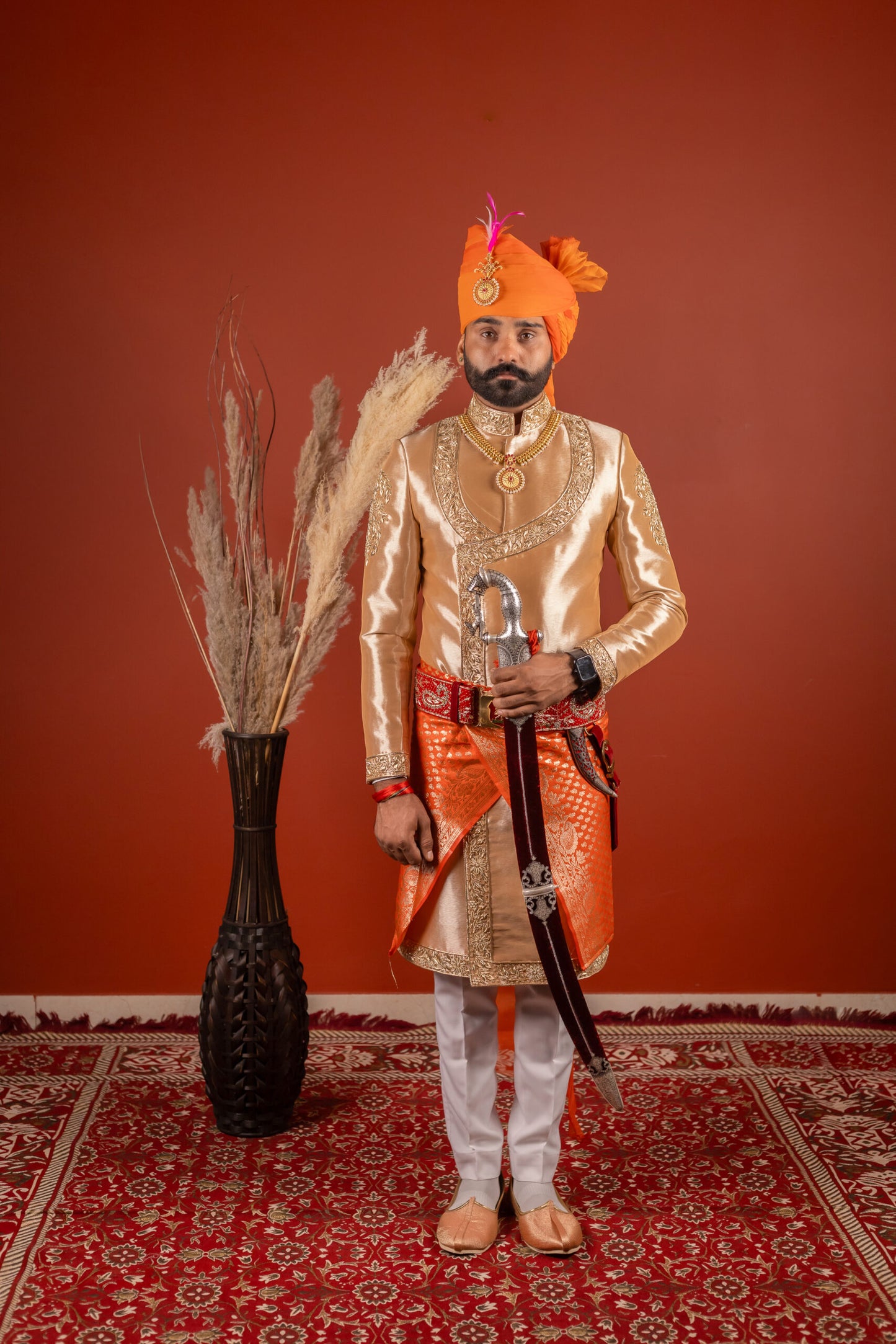 Golden Beige Angrakha Embroidered Sherwani for Men