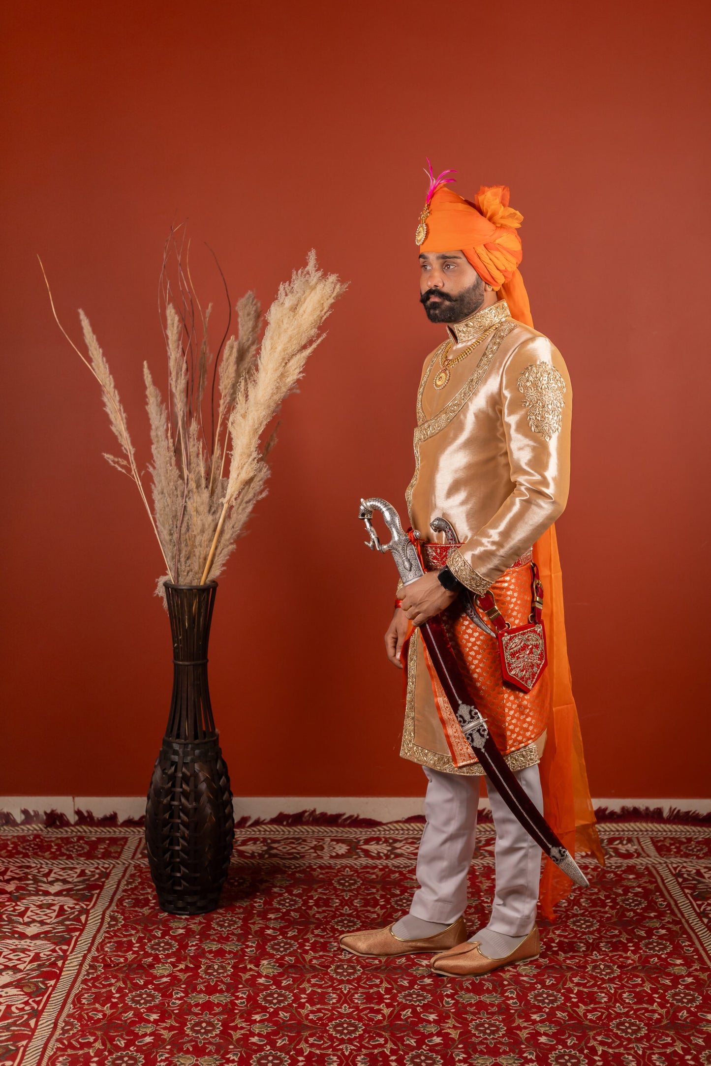 Golden Beige Angrakha Embroidered Sherwani for Men