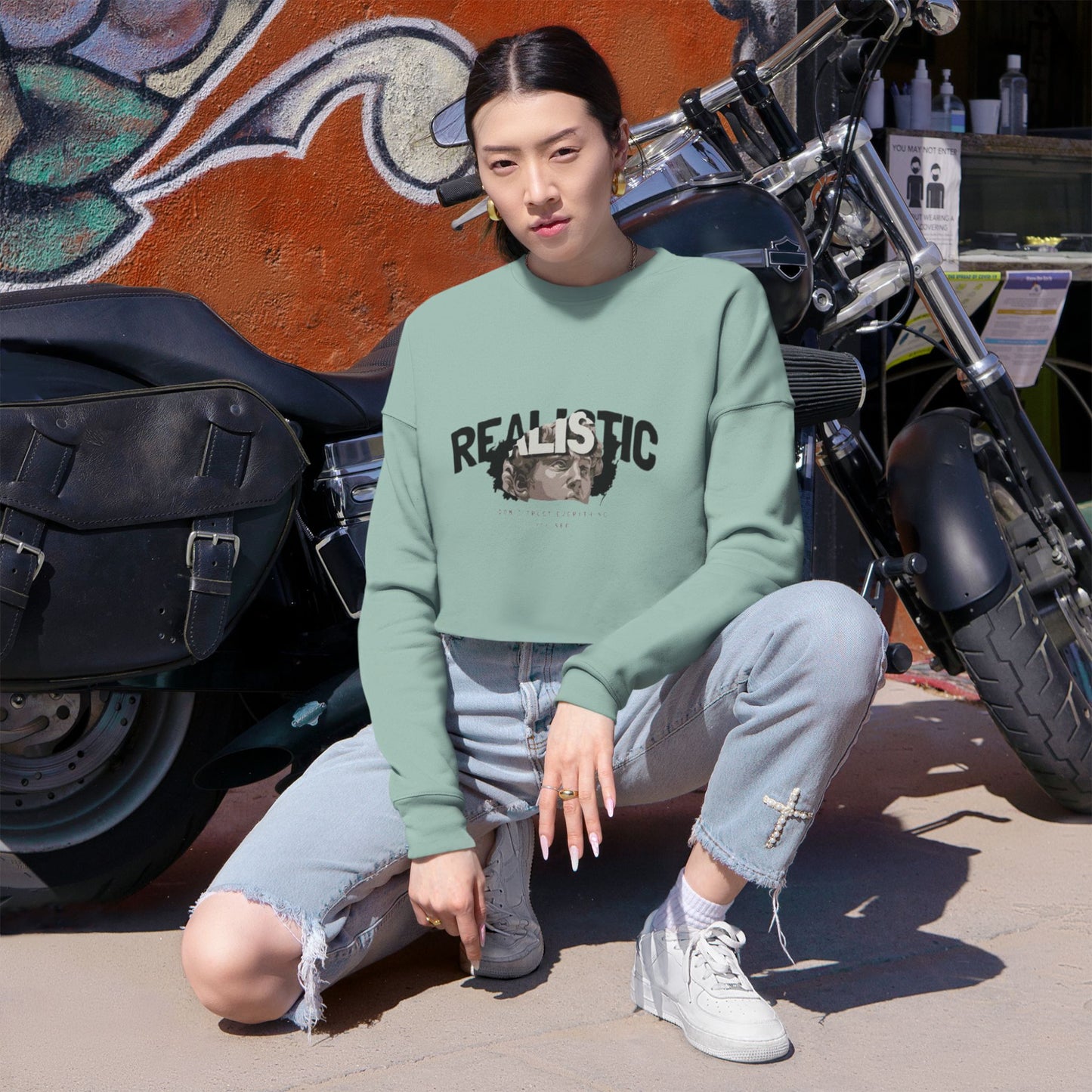 Realistic Graphic Women’s Cropped Sweatshirt - Trendy Mint Green Apparel