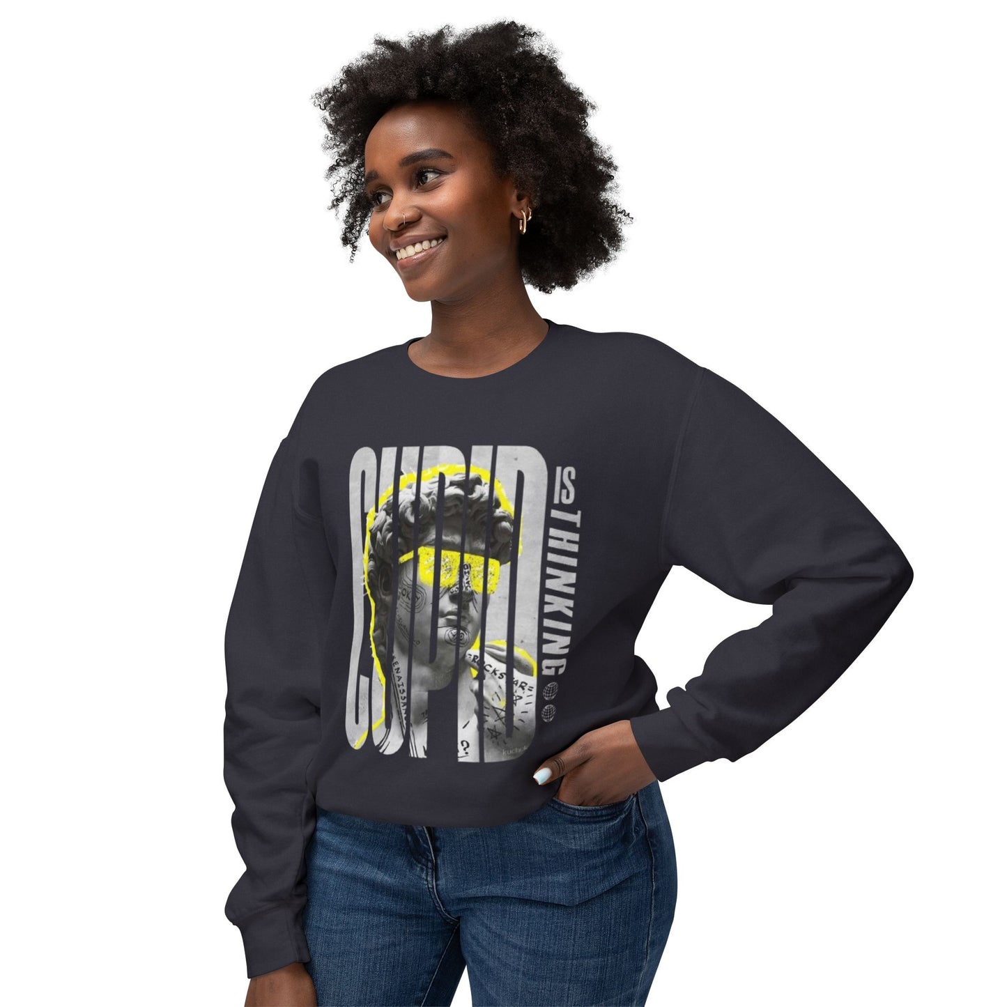 Cupid is Thinking Unisex Lightweight Crewneck Sweatshirt - Artsy Casual Apparel for Valentine's Day and Everyday Wear