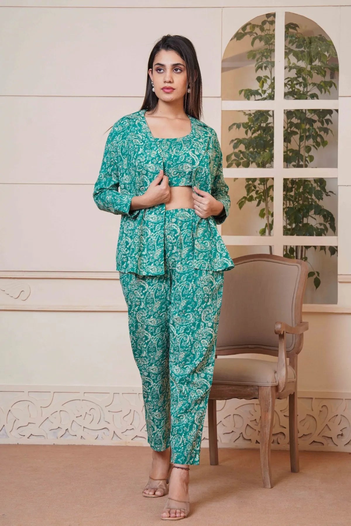 Kalamkari Green Printed Short Top, Pant and Jacket Co-Ord Set