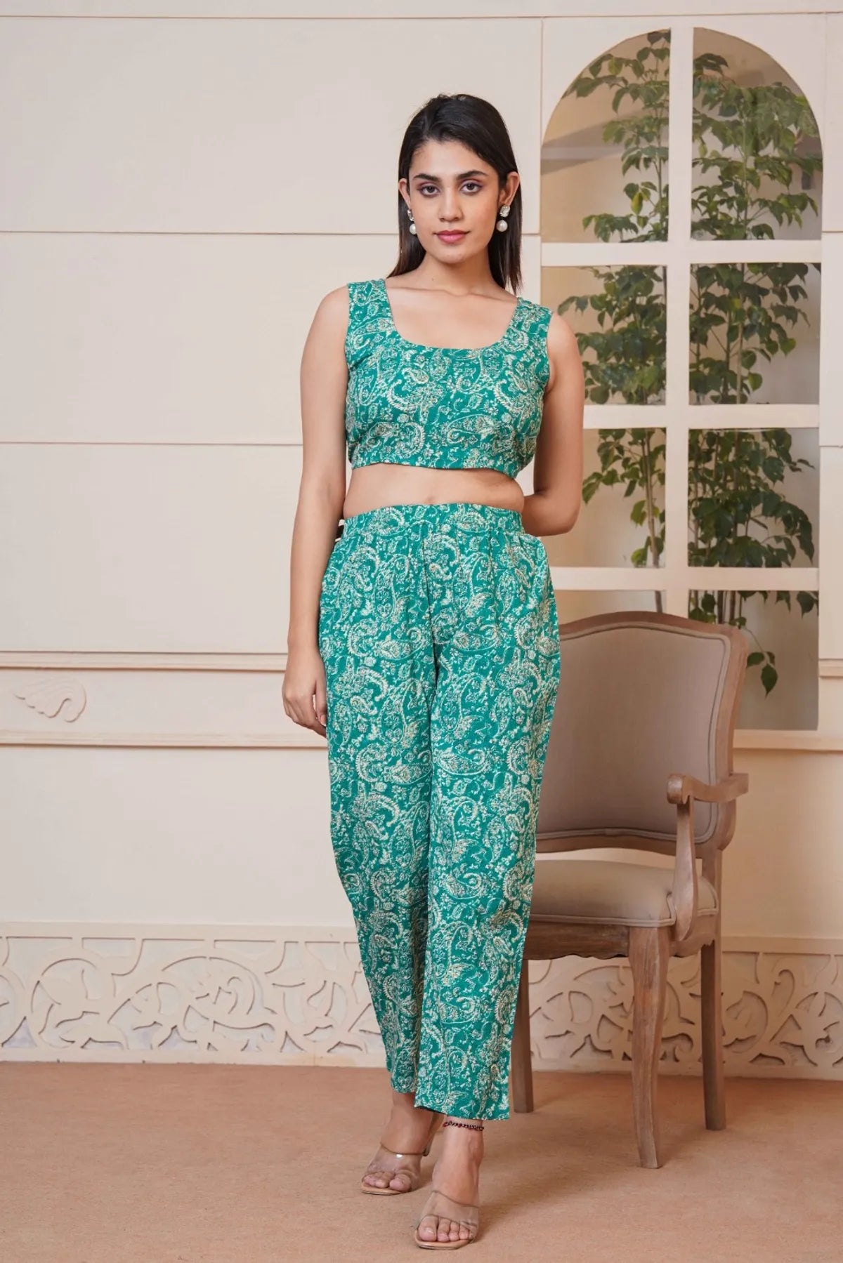 Kalamkari Green Printed Short Top, Pant and Jacket Co-Ord Set