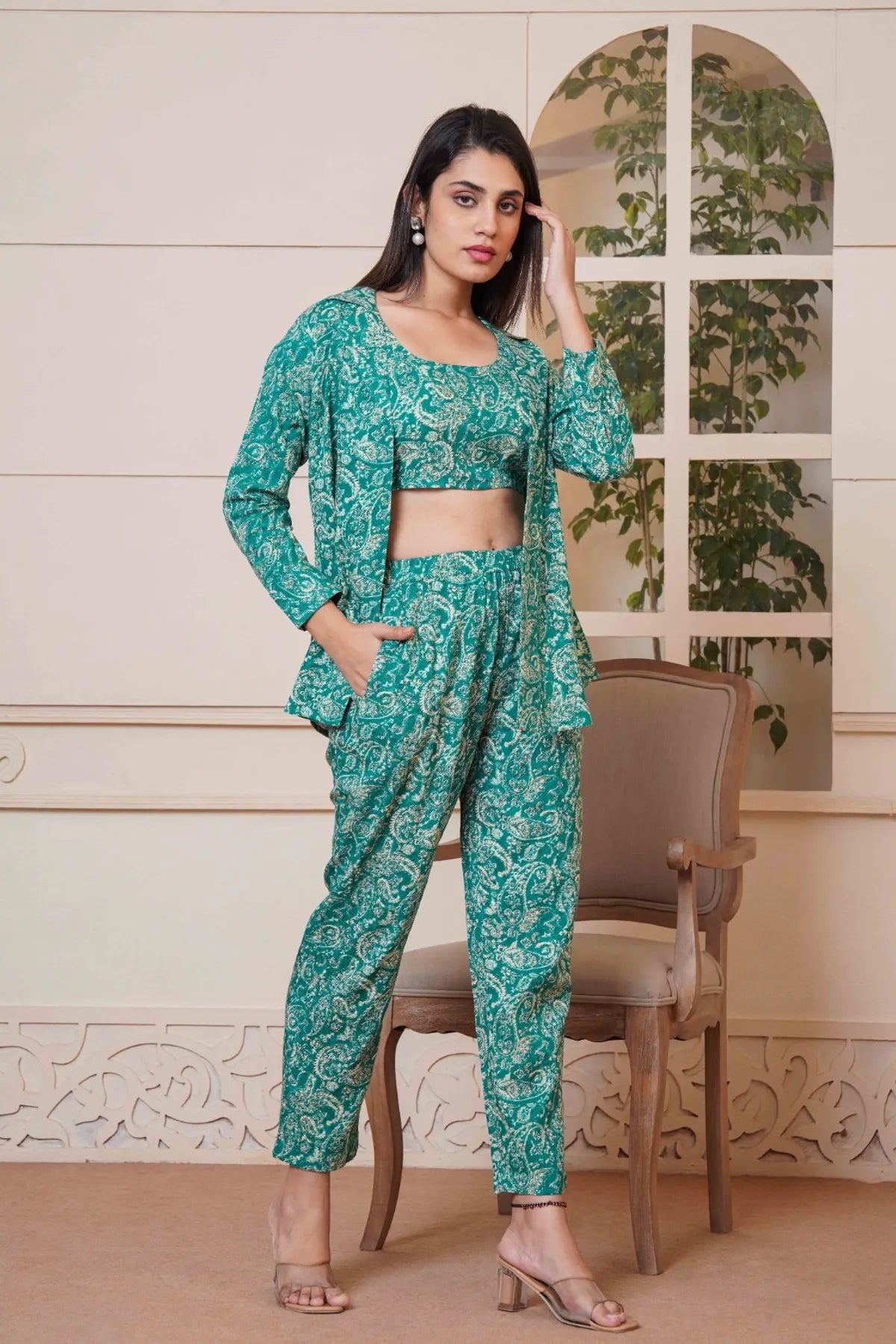 Kalamkari Green Printed Short Top, Pant and Jacket Co-Ord Set