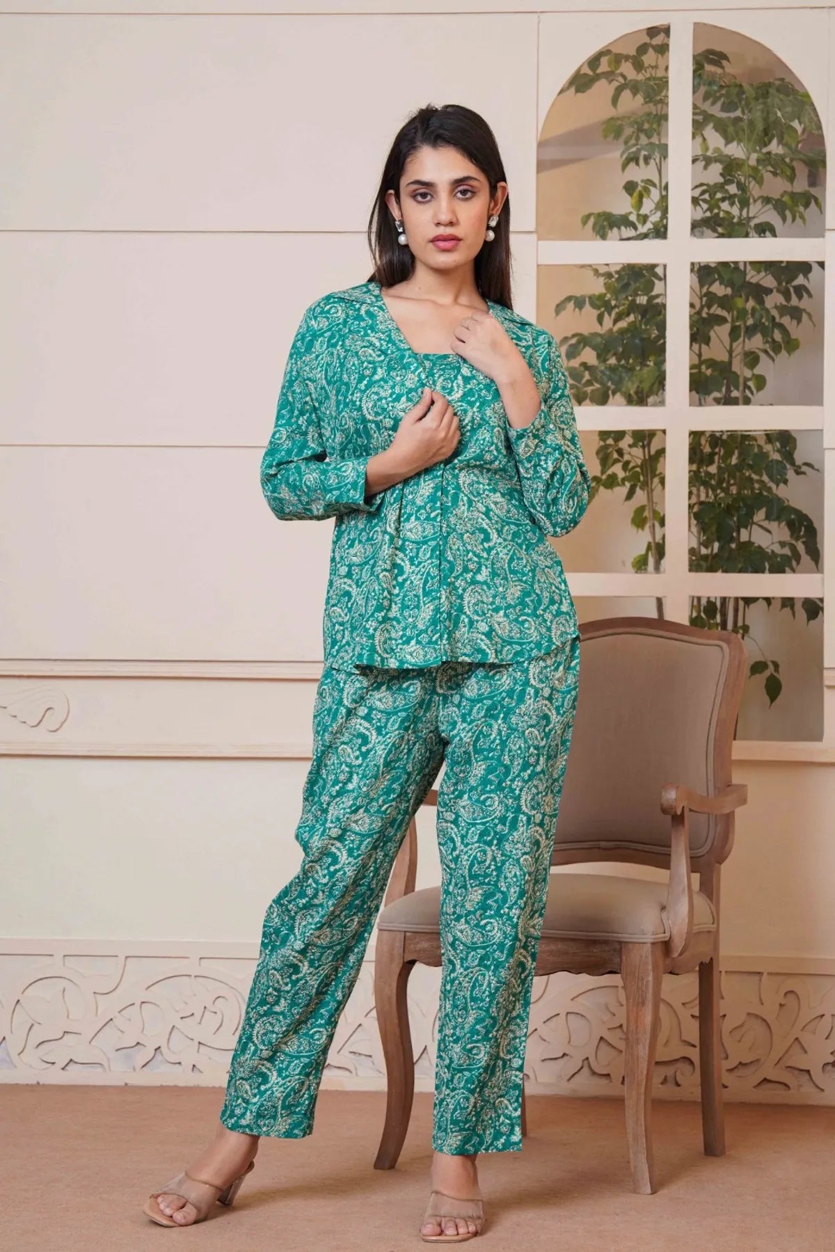 Kalamkari Green Printed Short Top, Pant and Jacket Co-Ord Set