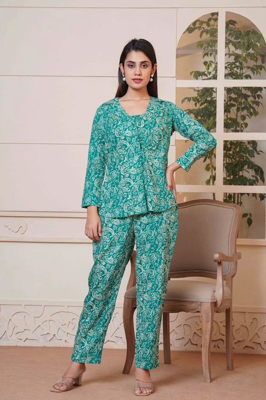 Kalamkari Green Printed Short Top, Pant and Jacket Co-Ord Set