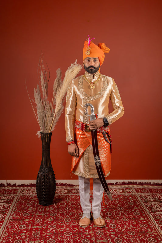 Golden Beige Angrakha Embroidered Sherwani for Men