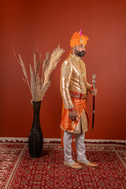 Golden Beige Angrakha Embroidered Sherwani for Men