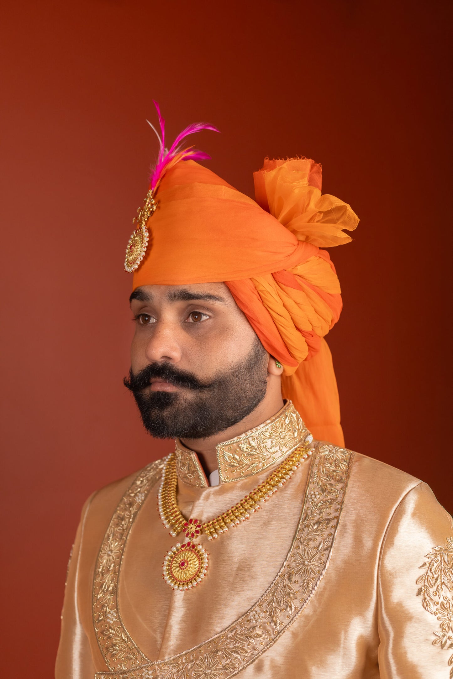 Golden Beige Angrakha Embroidered Sherwani for Men