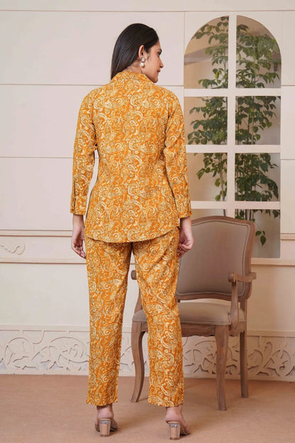 Kalamkari Mustard Printed Short Top, Pant and Jacket Co-Ord Set