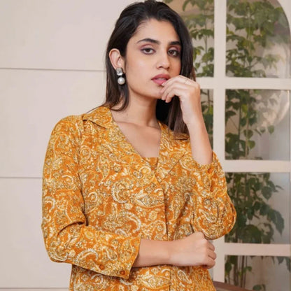 Kalamkari Mustard Printed Short Top, Pant and Jacket Co-Ord Set