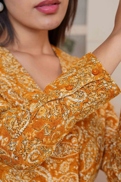 Kalamkari Mustard Printed Short Top, Pant and Jacket Co-Ord Set
