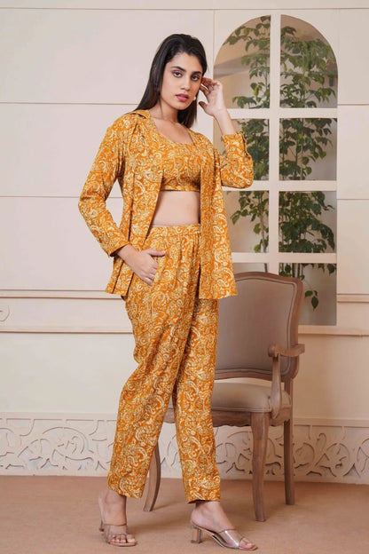 Kalamkari Mustard Printed Short Top, Pant and Jacket Co-Ord Set