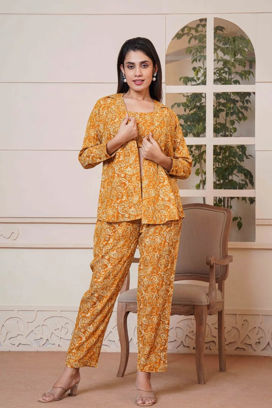 Kalamkari Mustard Printed Short Top, Pant and Jacket Co-Ord Set
