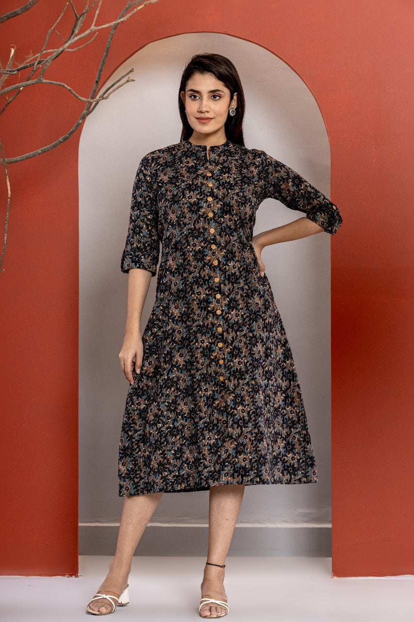 Cotton Katha Printed A- Line Kurta