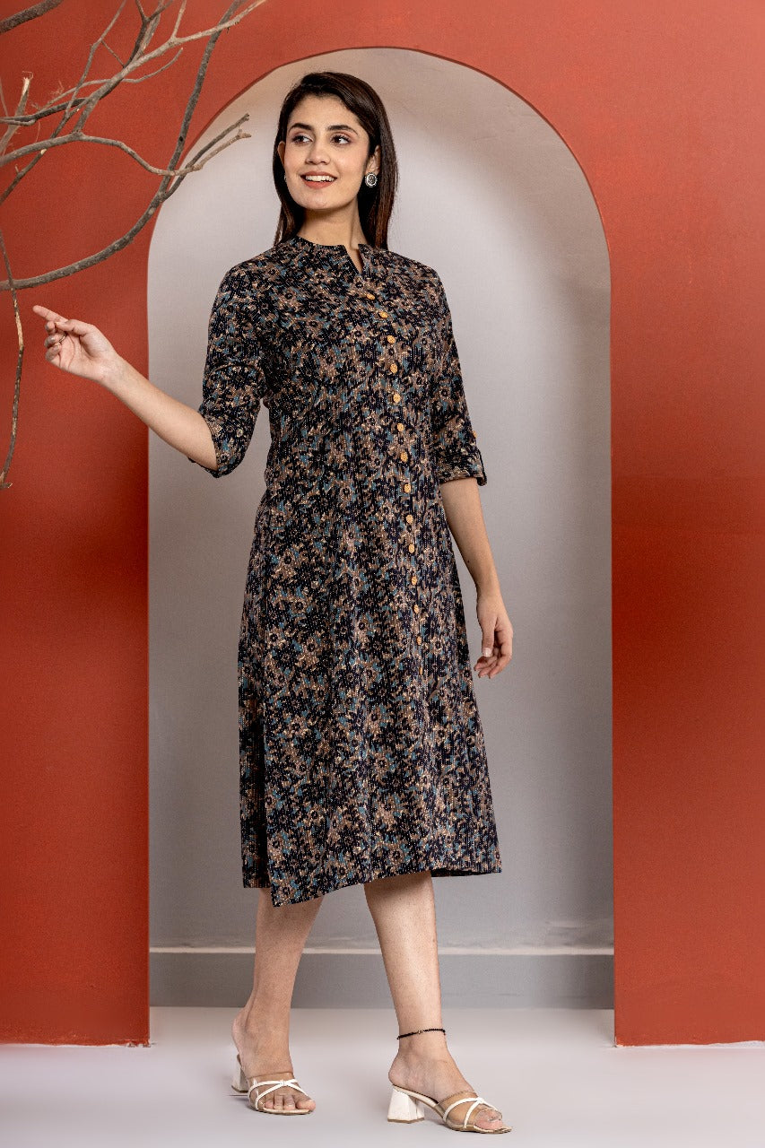 Cotton Katha Printed A- Line Kurta