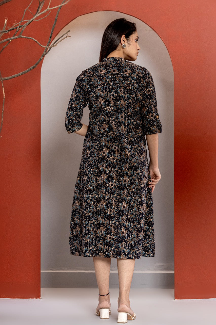 Cotton Katha Printed A- Line Kurta