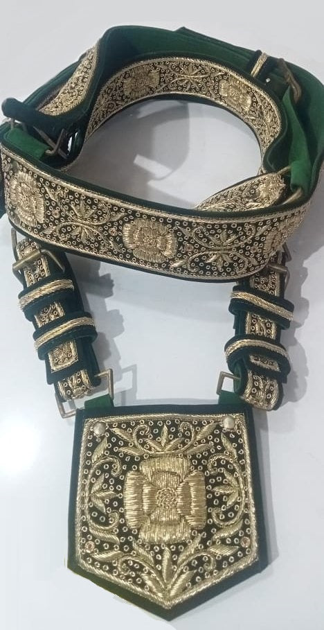 Premium Green Golden Zari Jardozi Work Groom Crossbelt