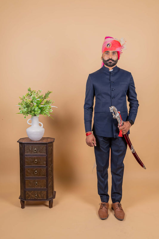 Navy Blue Jodhpuri Bandhgala Suit For Men